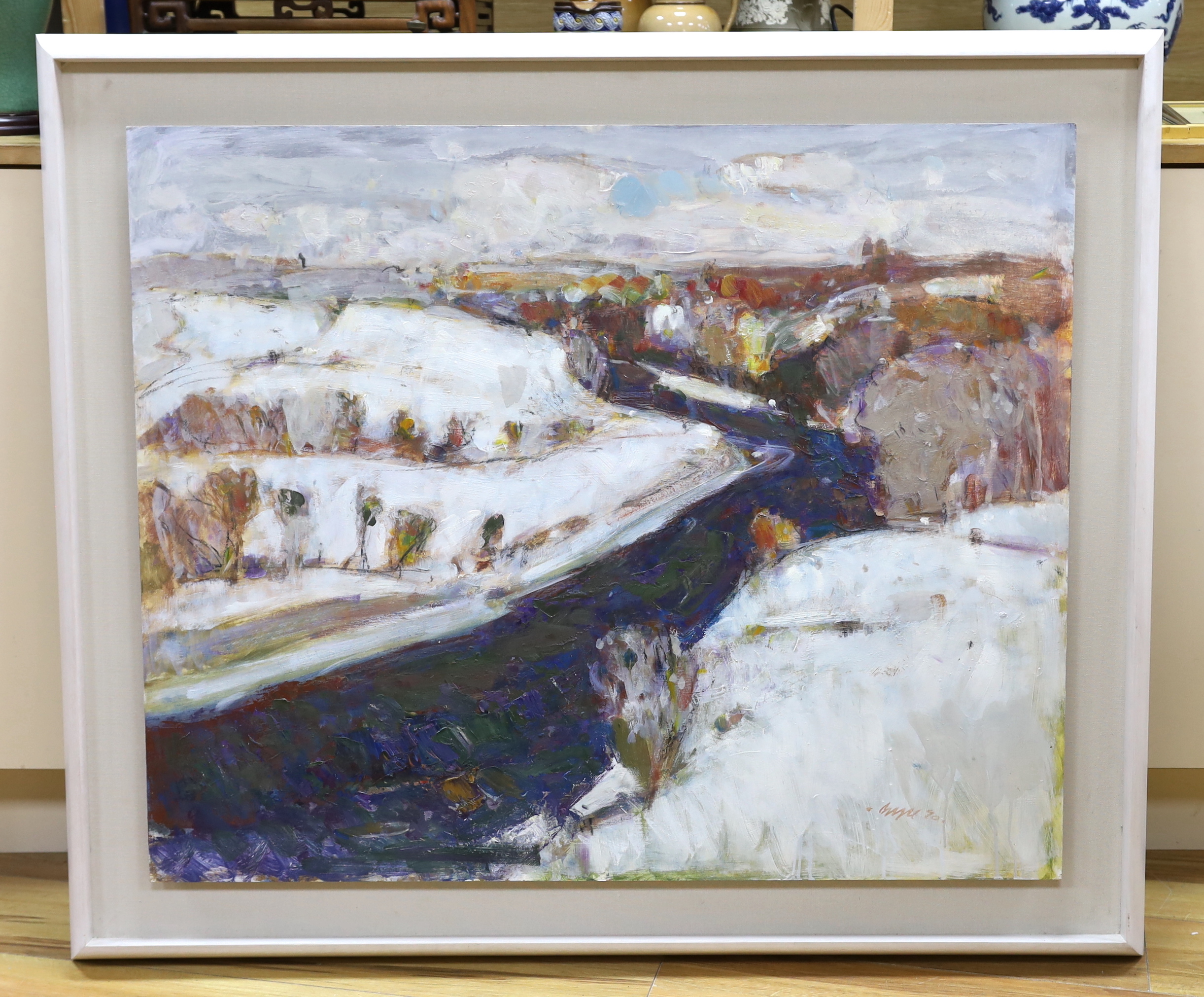 Gordon Bryce (b.1943), impressionist oil on board, 'Winter Maryculter, Aberdeen', signed and inscribed verso, 76 x 93cm